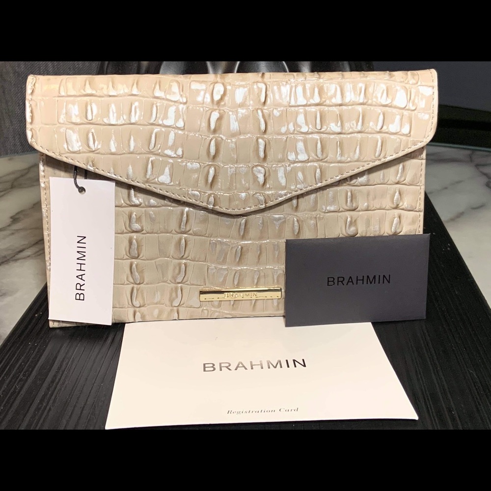 Brahmin Cream Croc-Embossed Envelope Clutch